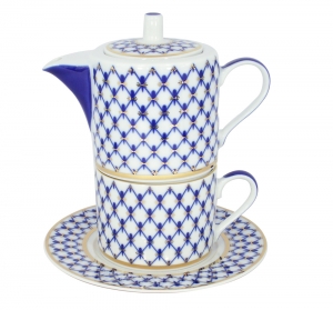 Lomonosov Porcelain Teapot and Teacup Cobalt Net Solo | Lomonosov Russ
